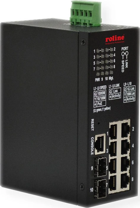 Roline Railmount Gigabit Smart Switch, 8x RJ-45, 2x SFP, 90W PoE+