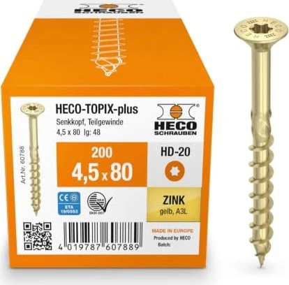 HECO TOPIX-plus verzinkt gelb A3L Torx T20 Holzschraube, 4.5x80mm, 200 Stück