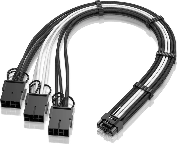 EZDIY-FAB 12VHPWR Kabel, 3x 8-Pin PCIe Buchse auf 16-Pin PCIe 5.0 12VHPWR Stecker, Adapterkabel, 16AWG, schwarz/weiß, 35cm