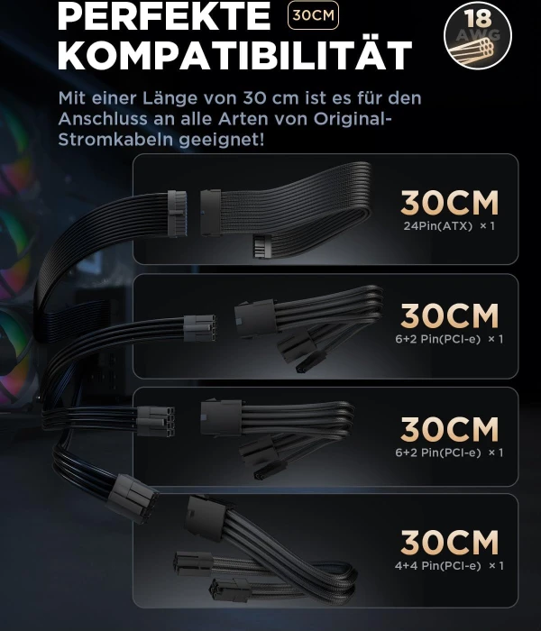 AsiaHorse GPU/CPU Cable Extension Kit, 1x 24-Pin, 1x 4/8-Pin ATX, 2x 8-Pin PCIe, 16AWG, schwarz, 30cm