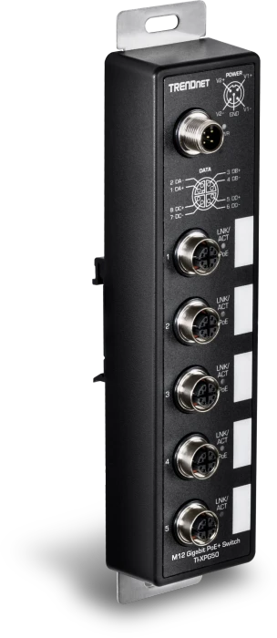 TRENDnet TI Hardened Industrial Railmount Gigabit Switch, 5x M12, 120W PoE+