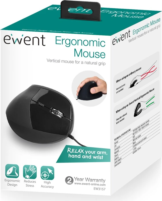 Ewent Wired Ergonomic Mouse schwarz, USB