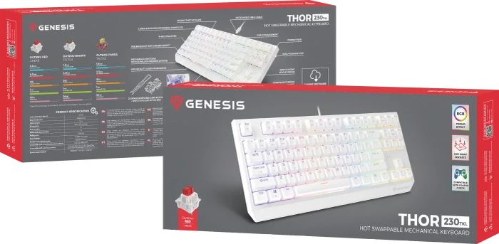 Genesis Thor 230 TKL, weiß, LEDs RGB, hot-swap, Gaote Outemu BROWN, USB, US