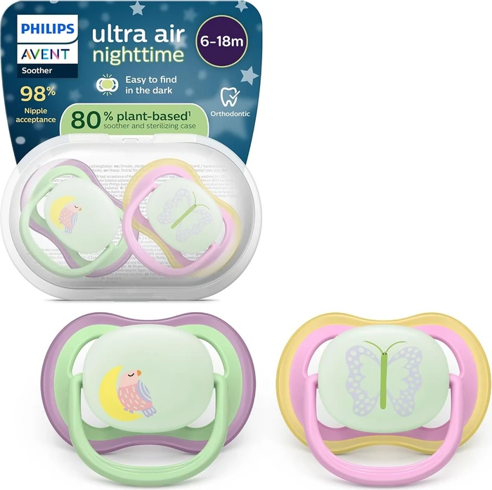 Philips Avent SCF376/29 Ultra Air Nighttime Beruhigungsschnuller, 6-18M, Silikon, vogel/schmetterling, 2 Stück