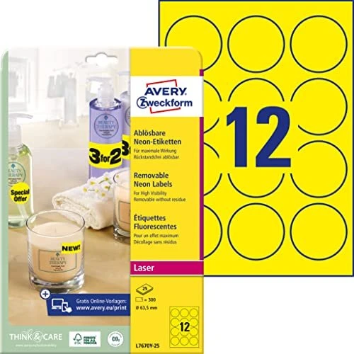 Avery-Zweckform Neonetiketten, 63.5x63.5mm, ablösbar, gelb, 25 Blatt (300 Etiketten)