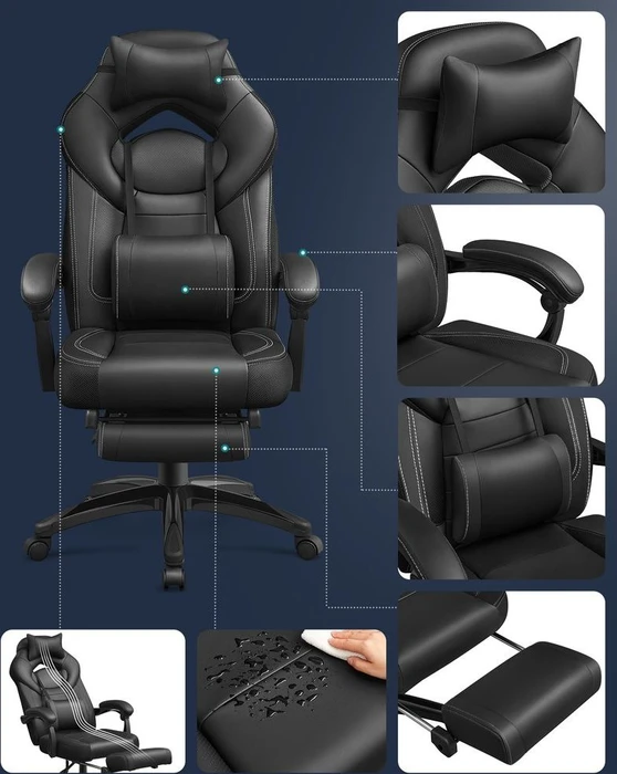 Songmics Gamingstuhl mit Fußstütze und Kopfstütze, schwarz