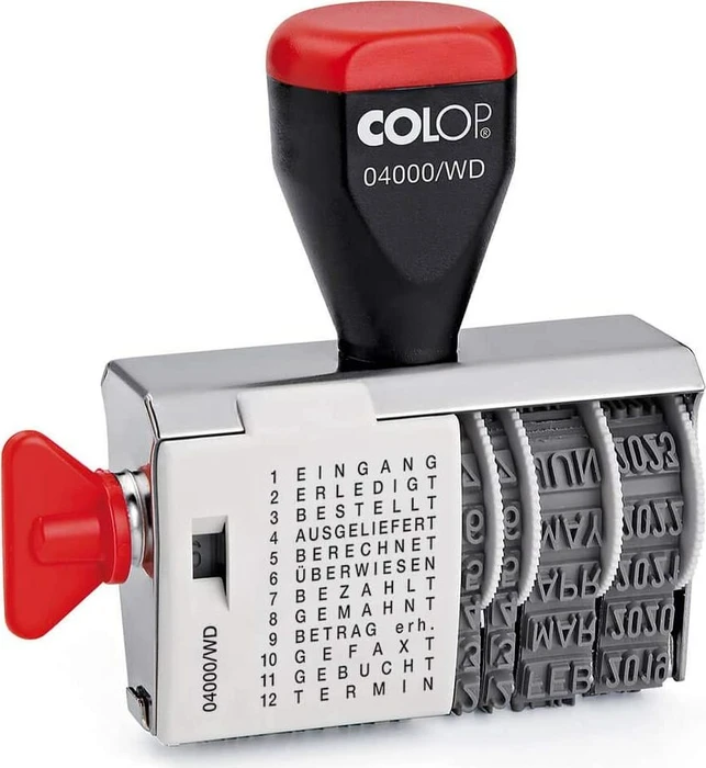 COLOP 04000/WD Datumstempel mit Wortband 12 Texte, 52x4mm, Monat in Buchstaben, rot/schwarz/silber