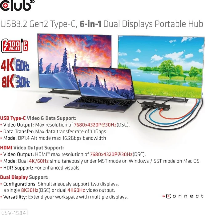 Club 3D 6in1 PD Charging Hub, USB-C 3.1 [Stecker]