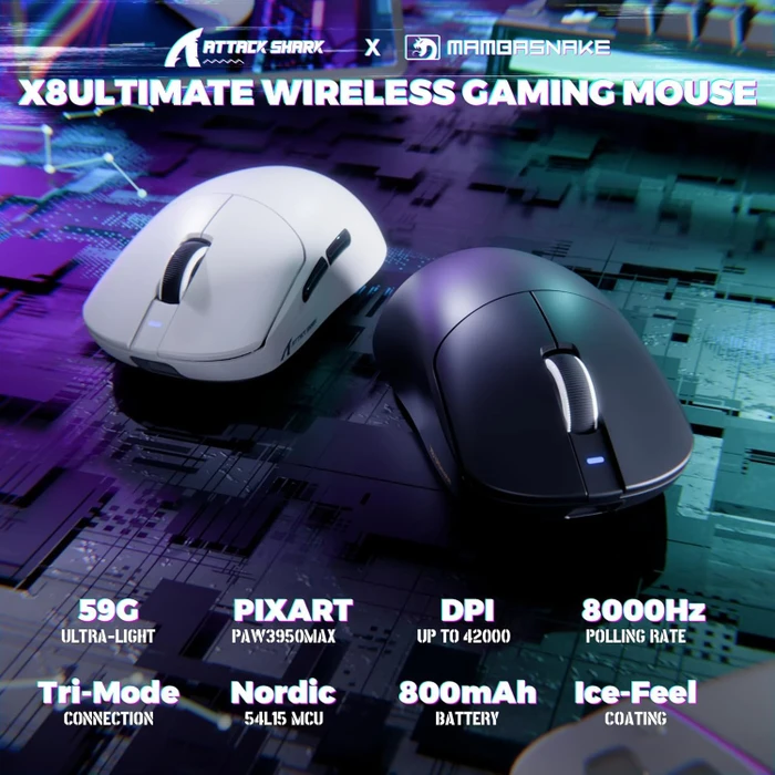 Attack Shark X8 Ultimate 8KHz Tri-mode Wireless Gaming Mouse, schwarz, USB/Bluetooth