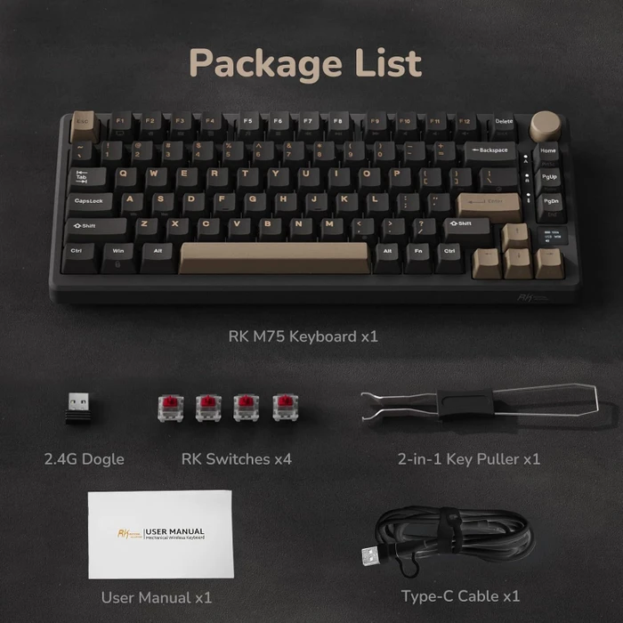 RK Royal Kludge M75 Wireless, grau/schwarz, LEDs RGB, hot-swap, RK RED, USB/Bluetooth, US
