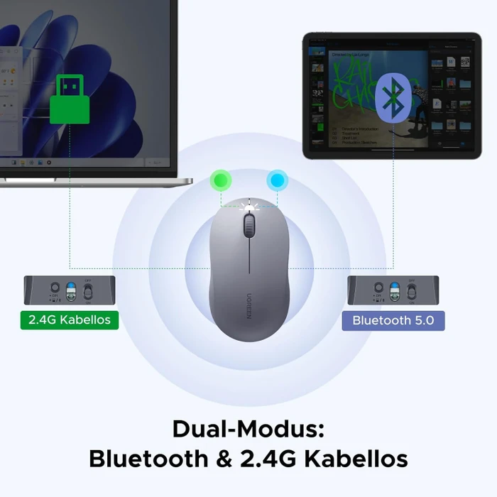 Ugreen M331 Wireless Multi-Mode Mouse, grau/schwarz, USB/Bluetooth