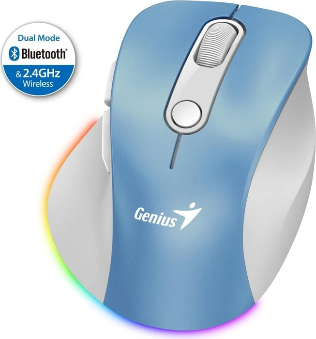 Genius Ergo 9000S Pro Wireless Bluetooth Rechargeable Mini Ergo Silent Mouse, Light Blue, USB/Bluetooth