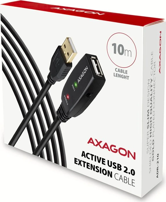 Axagon USB-A Verlängerung, USB 2.0, 480Mb/s, USB-A 2.0 [Stecker] auf USB-A 2.0 [Buchse], aktiv, Verlängerungskabel A/A, 10m