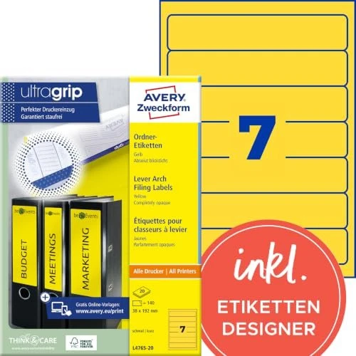 Avery-Zweckform Ordneretiketten, 192x38mm, gelb, 20 Blatt (140 Etiketten)