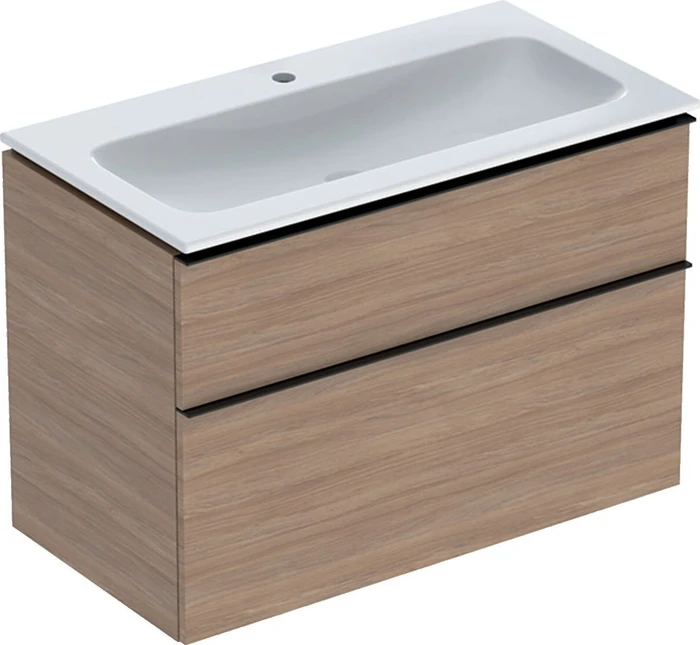 Geberit iCon Set Möbelwaschtisch/Unterschrank 90cm weiß, Korpus: Eiche/Melamin Holzstruktur, Griff: lava/pulverbeschichtet matt