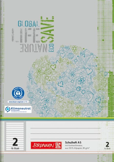 Brunnen Recycling Schulheft, A5, Lineatur 2, grau/grün, 16 Blatt