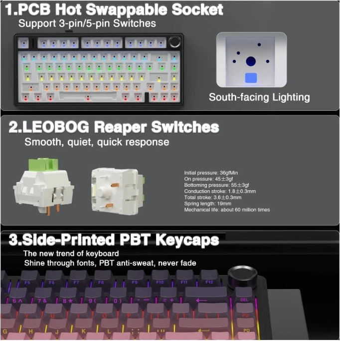 Aula F75 Pro, Gradient Pink Black, LEDs RGB, hot-swap, LEOBOG Reaper, USB/Bluetooth, US