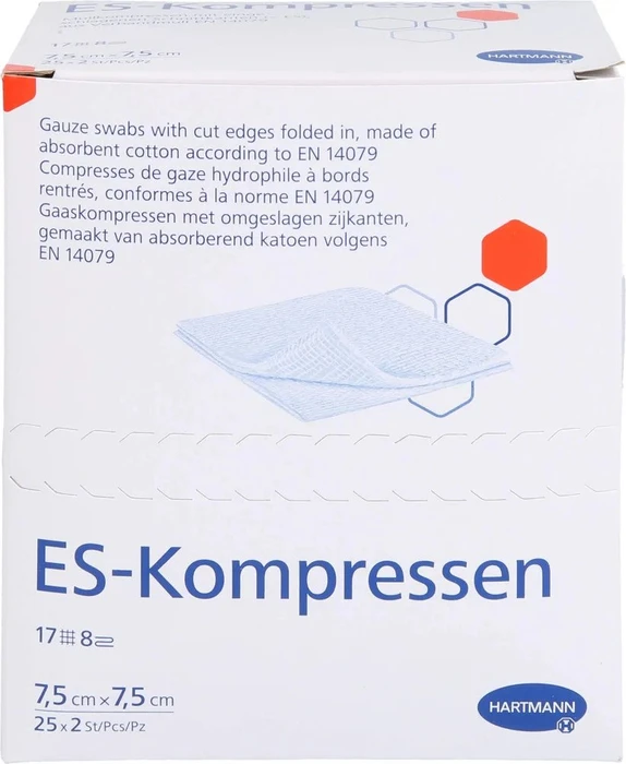 Hartmann ES-Kompressen steril 8-fach 17-fädig, 7.5 x 7.5cm, 50 Stück (25x 2 Stück)