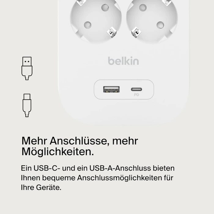 Belkin Connect V2 Überspannungsschutz, 8-fach, mit Schalter, 1x USB-A/1x USB-C, 2m, weiß