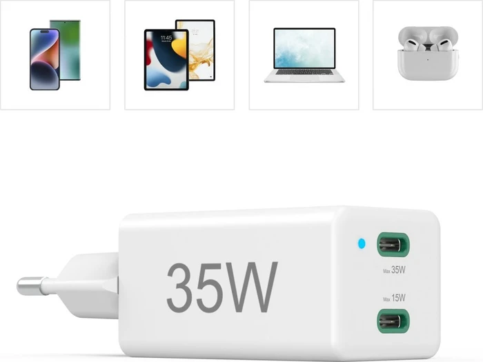 Hama Schnellladegerät 2x USB-C PD/Qualcomm Mini-Ladegerät 35W weiß
