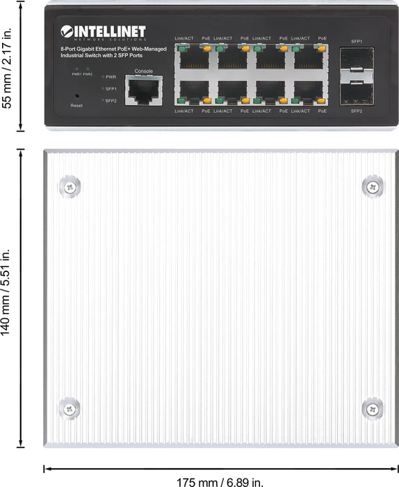 Intellinet Industrial Railmount Gigabit Managed Switch, 8x RJ-45, 2x SFP, 240W PoE+