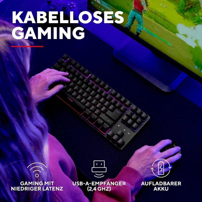 Trust Gaming GXT 1831 Dothix Wireless TKL, schwarz, LEDs RGB, USB, DE