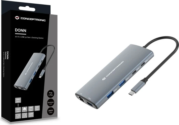 Conceptronic 10-in-1 Dockingstation, USB-C 3.0 [Stecker]