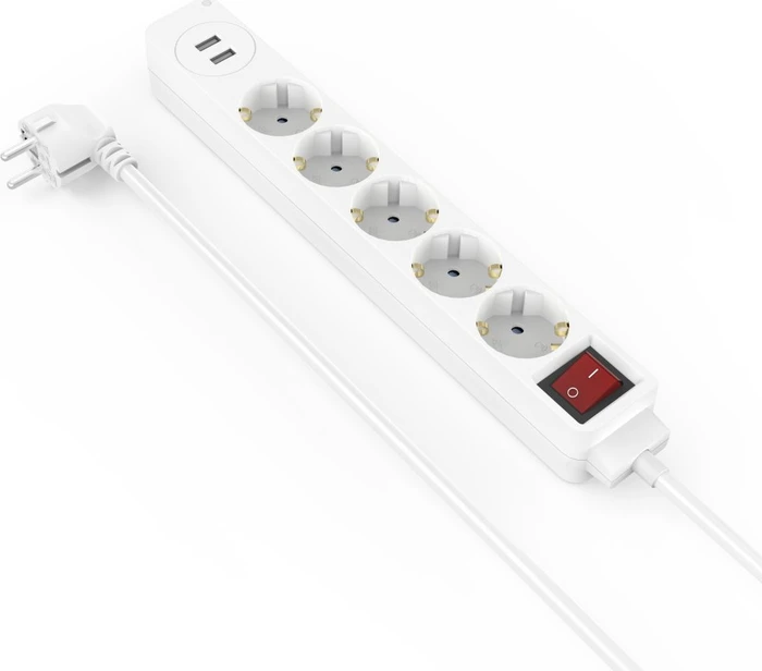 Hama Steckdosenleiste mit Schalter, 5-fach, 2x USB, 1.4m, weiß