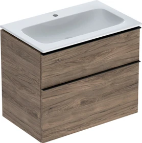 Geberit iCon Set Möbelwaschtisch/Unterschrank 75cm weiß, Korpus: Nussbaum hickory/Melamin Holzstruktur, Griff: lava/pulverbeschichtet matt