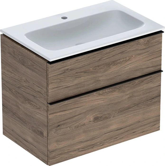 Geberit iCon Set Möbelwaschtisch/Unterschrank 75cm weiß, Korpus: Nussbaum hickory/Melamin Holzstruktur, Griff: lava/pulverbeschichtet matt