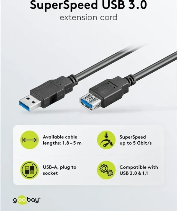 goobay USB-A 3.0 Verlängerungskabel, USB-A [Stecker] auf USB-A [Buchse], 5m