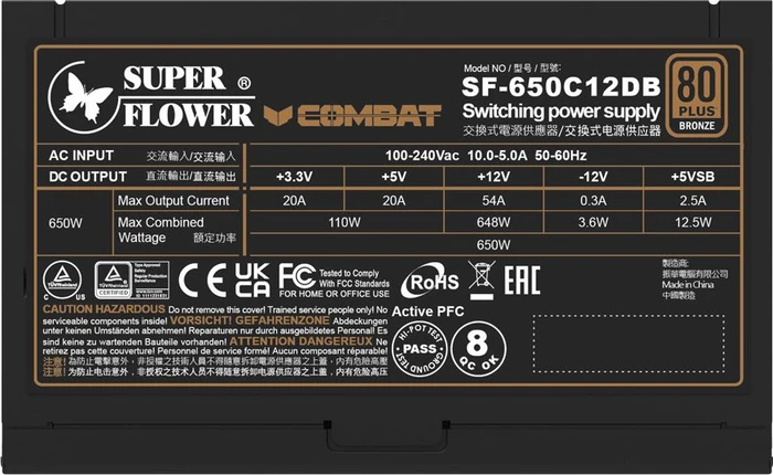 Super Flower Combat DB 80 PLUS Bronze 650W, ATX 2.52