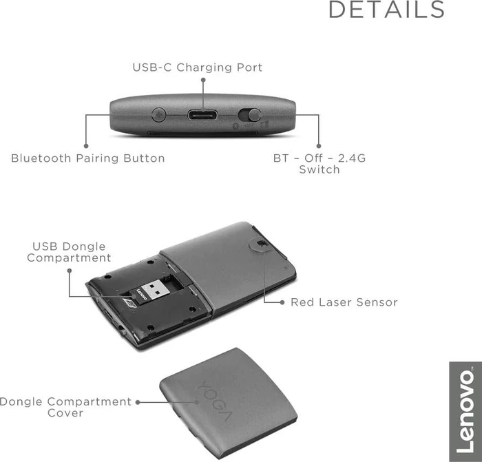 Lenovo Yoga Maus mit Laser-Presenter grau, USB/Bluetooth