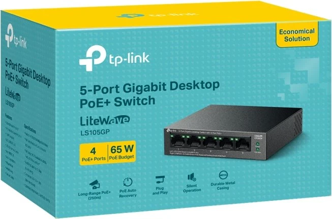 TP-Link LS100 LiteWave Desktop Gigabit Switch, 5x RJ-45, 65W PoE+