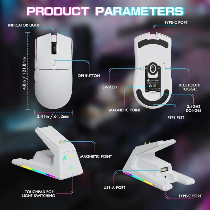 Attack Shark X1 Tri-mode Wireless Gaming Mouse mit Ladestation, weiß, USB/Bluetooth