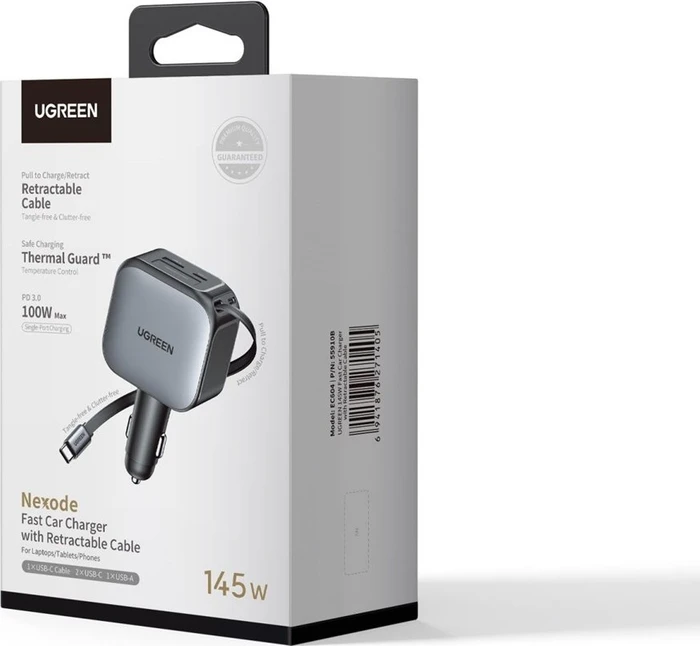 Ugreen Nexode Auto-Ladegerät 145W mit ausziehbarem USB-C-Kabel schwarz/silber