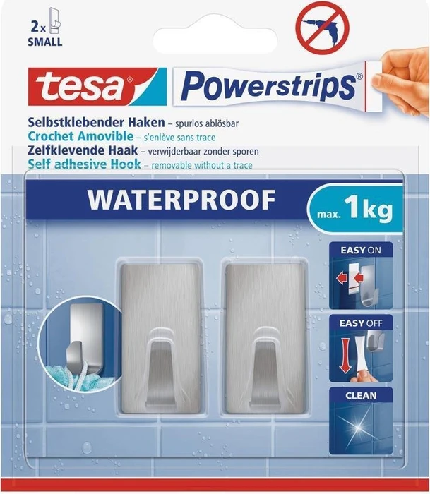 tesa Powerstrips Haken small Metall chrom, 3 Stück