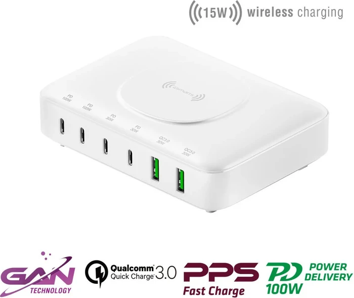 4smarts 7in1 GaN Ladestation 100W mit Wireless Charger weiß