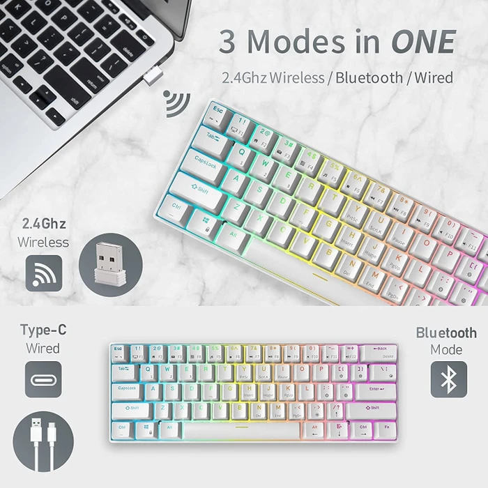RK Royal Kludge RK61 60% Wireless, weiß, LEDs RGB, hot-swap, RK BLUE, USB/Bluetooth, US