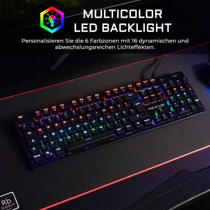 The G-Lab Keyz Carbon V3 Gaming Tastatur, LEDs RGB, BLUE Switches, USB, DE