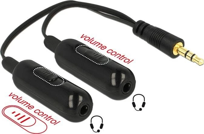 DeLOCK Audio Klinken Adapter mit 2x Lautstärkeregler, 1x 3.5mm Stecker auf 2x 3.5mm Buchse, schwarz