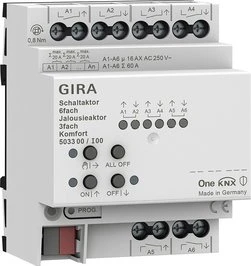 Gira KNX Schaltaktor 6-fach/Jalousieaktor 3-fach Komfort, 16A, 4TE REG, Schaltaktor (5033 00)