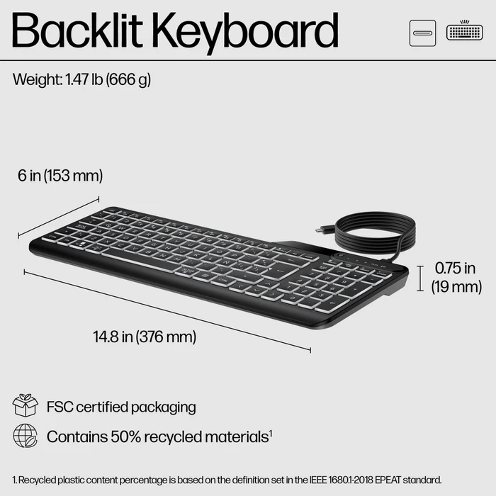 HP 400 Backlit Wired Keyboard, Jet Black, LEDs weiß, USB, DE
