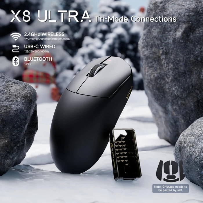 Attack Shark X8 Ultra 8KHz Tri-mode Wireless Gaming Mouse, schwarz, inkl. Grip Tape, USB/Bluetooth