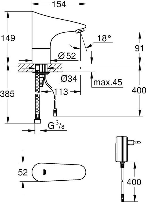 Grohe Europlus E Infrarot-Elektronik für Waschtisch 1/2" ohne Mischung chrom