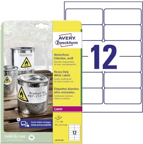 Avery-Zweckform Folienetiketten, 99.1x42.3mm, wetterfest, weiß, 20 Blatt (240 Etiketten)
