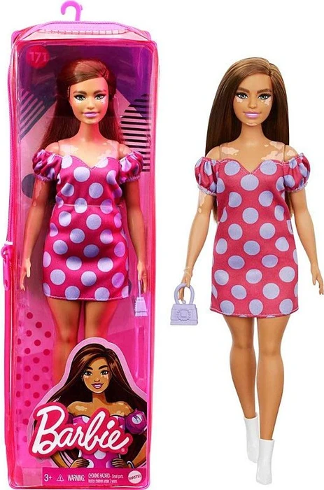 Mattel Barbie - Fashionistas Vitiligo Puppe im schulterfreien Polka Dot Kleid