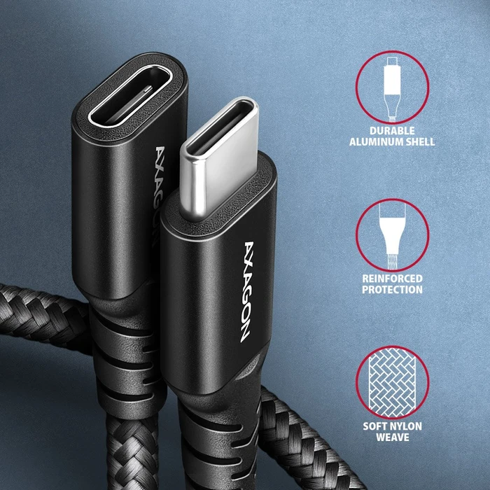 Axagon USB-C Verlängerung, USB 3.2 Gen2x2, 20Gb/s, 8K60Hz, 240W PD EPR, USB-C [Stecker] auf USB-C [Buchse], Verlängerungskabel C/C, 1.5m