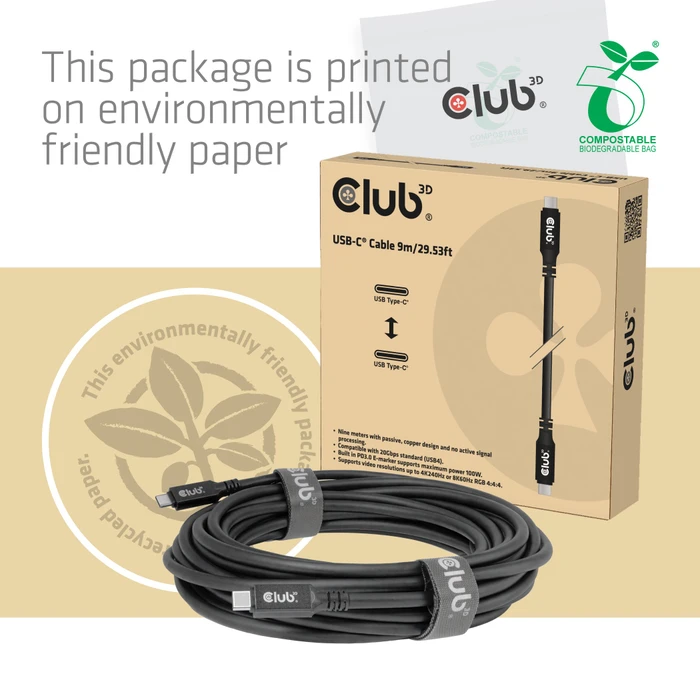Club 3D USB4 Kabel, 20Gb/s, 8K60Hz, 100W PD, USB-C Stecker auf USB-C Stecker, schwarz, 9m