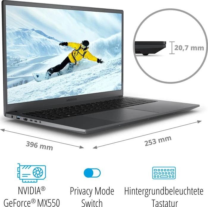Medion Akoya P17615, Titan Grey, Core i5-12500H, 8GB RAM, 512GB SSD, GeForce MX550, DE